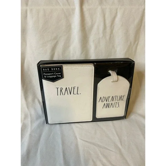 Rae Dunn Passport Cover Luggage Tag Set Travel Adventure Awaits White - Picture 3 of 7